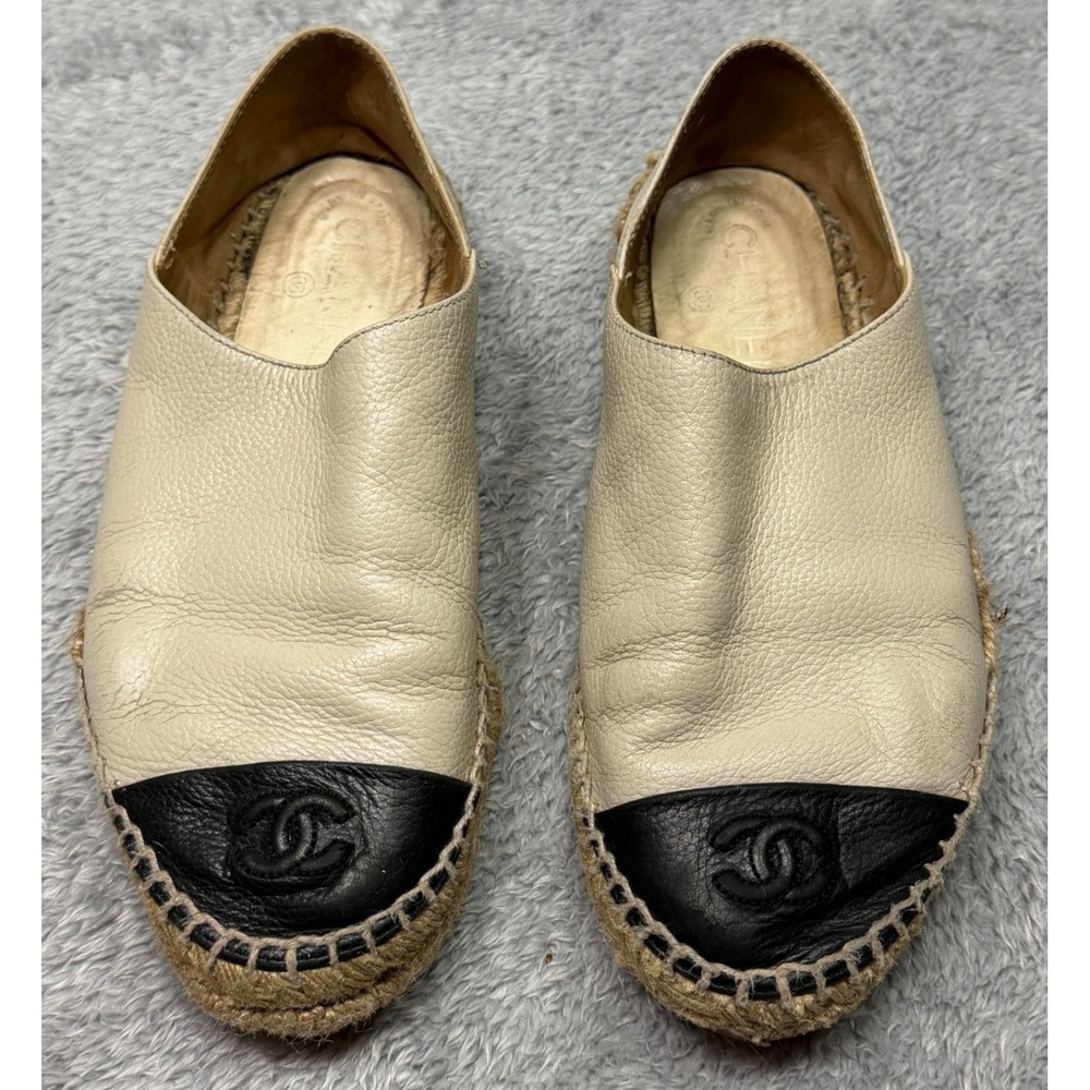 Chanel Lambskin‎ Leather Espadrilles Beige Black Size 39 US 8.5 Made in Spain